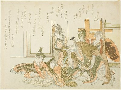 Vanha mies ja avustajat katsomassa Sugoroku-peliä tekijältä Katsushika Hokusai