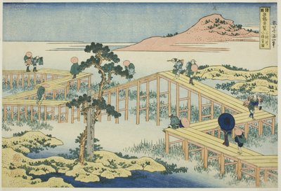 Muinainen näkymä kahdeksan lankkuiselle sillalle Mikawan maakunnassa (Mikawa no Yatsuhashi no kozu), sarjasta "Epätavallisia näkymiä kuuluisista silloista eri maakunnissa (Shokoku meikyo kiran)" tekijältä Katsushika Hokusai