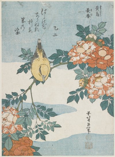 Mustanokkainen oriolis ja kiinanruusu, noin 1833. tekijältä Katsushika Hokusai