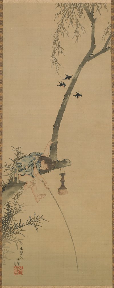 Poika kalastamassa puun oksasta, Edo-kausi, 1839. tekijältä Katsushika Hokusai