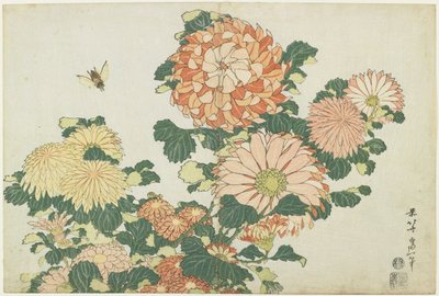 Krysanteemit ja hevoskärpänen, n. 1832 tekijältä Katsushika Hokusai