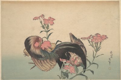 Kukko, kana ja Nadeshiko (Dianthus Superbus) tekijältä Katsushika Hokusai