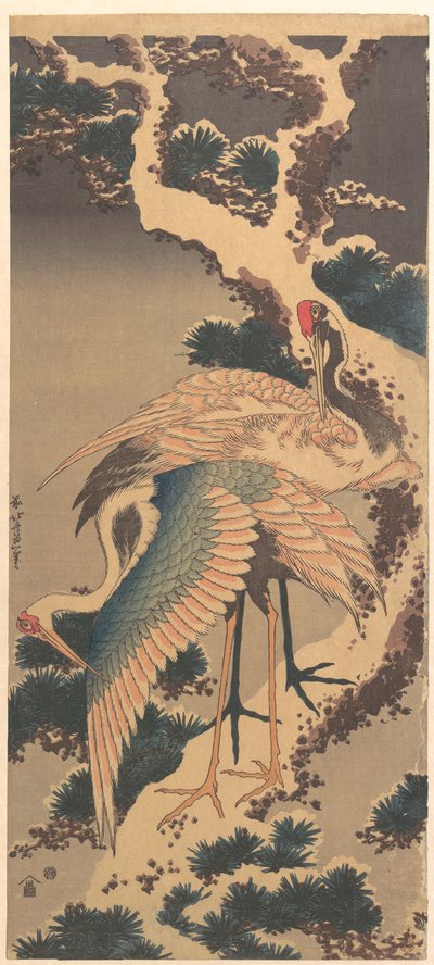 Nokkavarpuset lumipeitteisen männyn oksalla tekijältä Katsushika Hokusai