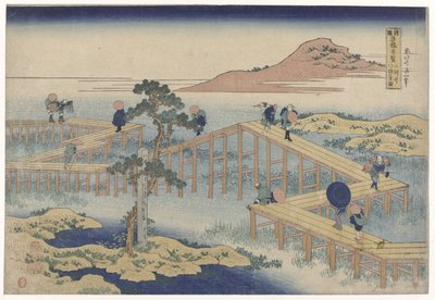 Siksak-silta Mikawan maakunnassa Mikawa no yatsuhashi no kozu (otsikko esineessä) Näkymät kuuluisista silloista provinsseissa (sarjan nimi) Shokoku Meikyo Kiran (otsikko esineessä) tekijältä Katsushika Hokusai