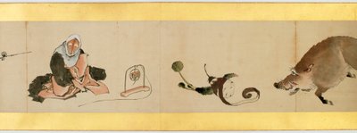 Yksityiskohta käsirullasta erilaisilla kuvilla, Edo-kausi, 1839 muste ja väri paperille tekijältä Katsushika Hokusai