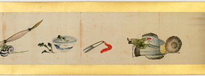 Yksityiskohta käsirullasta erilaisilla kuvilla, Edo-kausi, 1839 muste ja väri paperille tekijältä Katsushika Hokusai