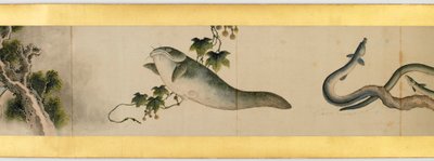 Yksityiskohta käsirullasta erilaisilla kuvilla, Edo-kausi, 1839 muste ja väri paperille tekijältä Katsushika Hokusai