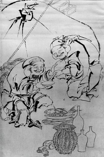 Ebisu ja Daikoku juhlivat uudenvuodenjuhlaa, 1700-1800-luku. tekijältä Katsushika Hokusai