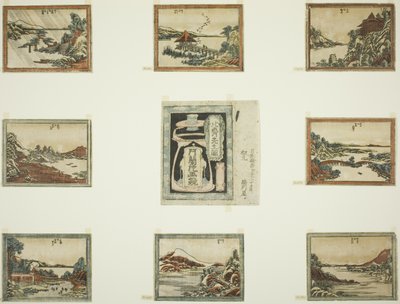 Kahdeksan näkymää Omista etsaustyyliin (Doban Omi hakkei) ja kansilehti tekijältä Katsushika Hokusai