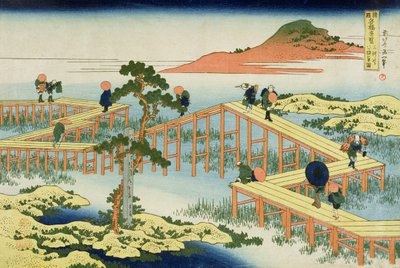 Kahdeksanosainen silta, Mucawan maakunta, Japani, n. 1830 (puupainatus) tekijältä Katsushika Hokusai
