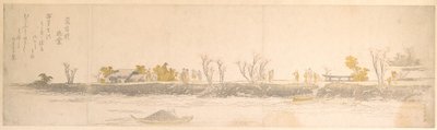 Maasulalla kävelevät hahmot; vesi ja veneet etualalla tekijältä Katsushika Hokusai