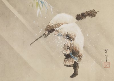 Pescar care își poartă plasa în zăpadă, c. 1821 (cerneală, culoare și gofun pe hârtie) finlandez tekijältä Katsushika Hokusai