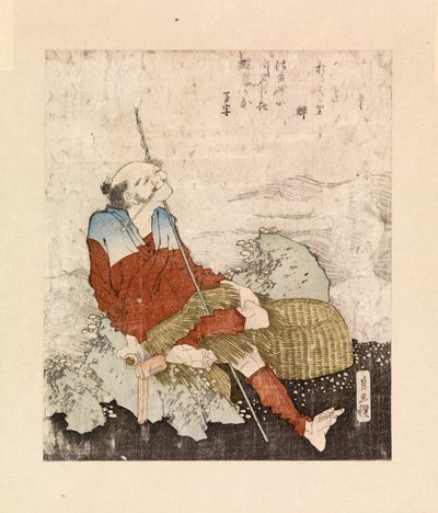 Kalastaja tupakoi virran rannalla, n.1835 (värillinen puupiirros) tekijältä Katsushika Hokusai