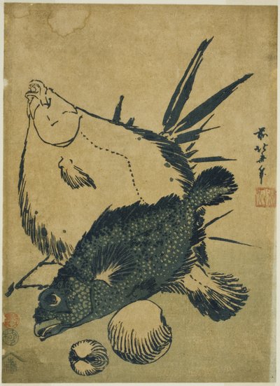Kampelakalaa, skorpionikalaa ja simpukoita nimettömästä chuban-printtisarjasta tekijältä Katsushika Hokusai