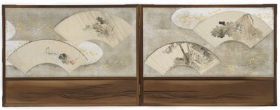 Neljä fanimaalausta: "Sammakko lootuslehdellä", "Scholar in a House", "Maisema" ja "Boat and Rock", Edo-kausi (muste ja väri paperille) tekijältä Katsushika Hokusai