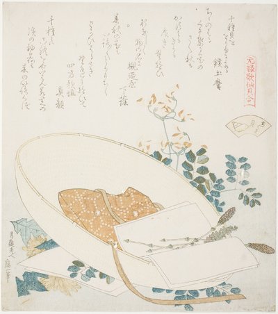 Juuri poimittuja kukkia matkustajan hatussa, kuvitus elokuvalle The Thousand-grasses Shell (Chigusagai), sarjasta "A Matching Game with Genroku-period Poem Shells (Genroku kasen kai awase)" tekijältä Katsushika Hokusai