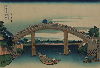 Fuji nähtynä Mannen-sillan läpi Fukagawassa Edossa, n. 1830 tekijältä Katsushika Hokusai