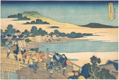 Fukui-silta Echizenin maakunnassa (Echizen Fukui no hashi), teoksesta ”Merkittäviä näkymiä siltoista eri maakunnissa” (Shokoku meikyō kiran) tekijältä Katsushika Hokusai
