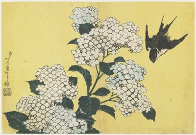 Hortensia ja pääskynen, n. 1832 tekijältä Katsushika Hokusai