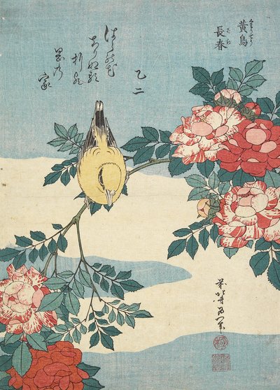 Japanilainen satakieli ja ruususuihke, n. 1832 tekijältä Katsushika Hokusai