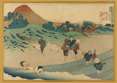 Jito Tenno (Työntekijät värjäävät kangasta), teoksesta Hyakunin Isshu ubaga Etoki (Sairaanhoitajan selittämä sata runoa) tekijältä Katsushika Hokusai