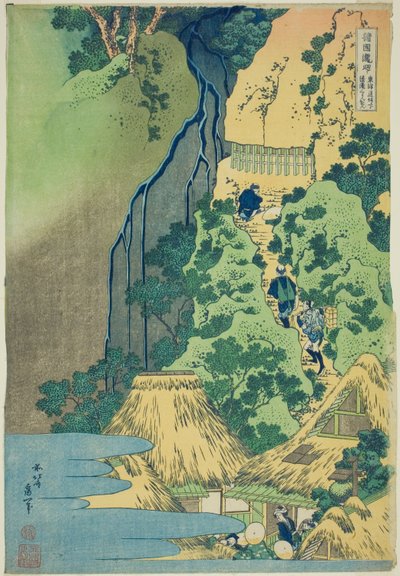 Kannon-pyhäkkö Kiyon putouksilla Sakanoshitassa Tōkaidōlla, sarjasta Tour of the Waterfalls in Various Provinces (Shokoku taki meguri) tekijältä Katsushika Hokusai