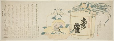 Tynnyri sakea ja kori appelsiineja tekijältä Katsushika Hokusai