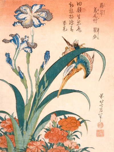 Kingfisher, Irises ja Pinks (värillinen puupalikkaprintti) tekijältä Katsushika Hokusai