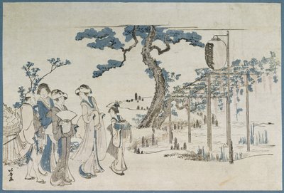 Naiset vierailevat Wisteria Gardensissa Kameidossa (puupainatus) tekijältä Katsushika Hokusai