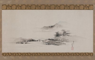 Maisema, Edo-kausi, noin 1801-02 (tussi ja väri paperille ripustettuna käärönä). tekijältä Katsushika Hokusai