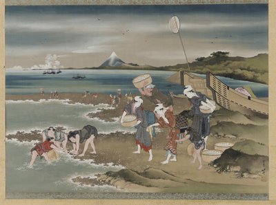 Maisema: simpukankerääjät rannalla (muste ja väri silkille) tekijältä Katsushika Hokusai