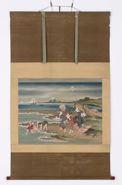 Maisema: simpukoiden keräilijöitä rannalla, 1700-luvun loppu - 1800-luvun alku. tekijältä Katsushika Hokusai