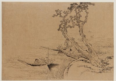 Maisema: hahmoja, jotka kalastavat veneistä, 1700-luvun loppu - 1800-luvun alku. tekijältä Katsushika Hokusai