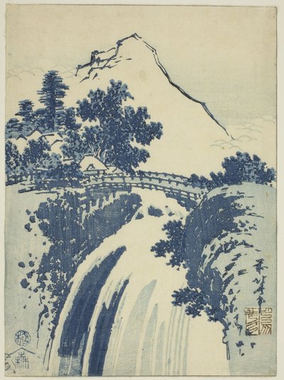 Maisema ja vesiputous nimettömästä chuban-printtisarjasta tekijältä Katsushika Hokusai