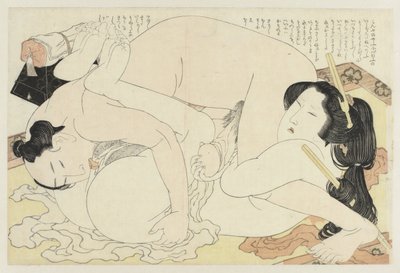 Mies ja nainen rakastelevat matolla Adonisin kasvi (sarjan nimi) Fukujuso (sarjan nimi) tekijältä Katsushika Hokusai