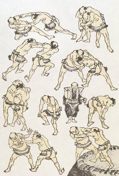 Manga: tutkimuksia painijoiden eleistä ja asennoista, pubi. 1849, (värillinen puupainatus) tekijältä Katsushika Hokusai