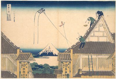 Mitsui-kauppa Surugachōssa Edossa (Edo Surugachō Mitsui mise ryaku zu), teoksesta ”Fuji-vuoren 36 näkymää” (Fugaku sanjūrokkei) tekijältä Katsushika Hokusai