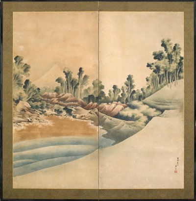 Fuji-vuori ja Enoshima, Edo-kausi, n. 1825 (muste ja väri paperille) tekijältä Katsushika Hokusai
