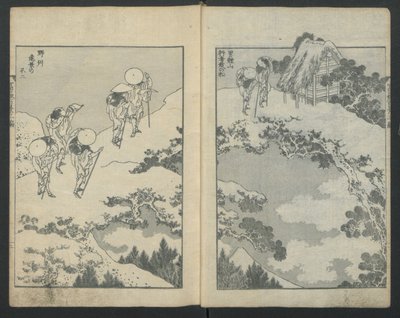 Fuji-vuori sillan alla vasemmalla, Fuji-vuori verkon takana oikealla, kohteesta One Hundred Vi..., n. 1847. tekijältä Katsushika Hokusai