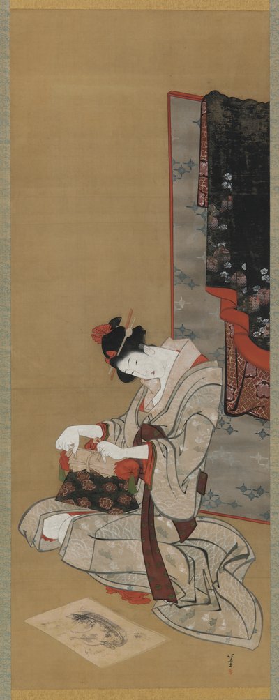 New Year Custom: Meikki uudenvuoden aamuna, Edo-kausi, n. 1806-111 (muste ja väri silkillä) tekijältä Katsushika Hokusai