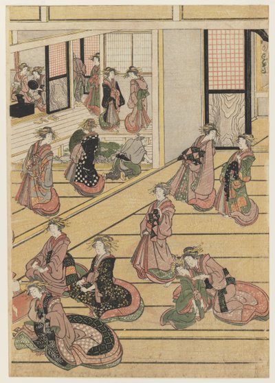 Uudenvuodenpäivät Teahouse Ogi-yassa. c.1810 (värillinen puupainatus) (katso sarja 277795-277797) tekijältä Katsushika Hokusai