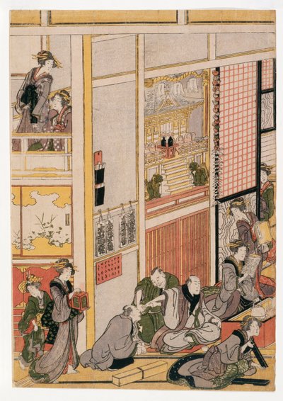 Teahouse Ogi-yan uudenvuodenpäivät, n. 1810 (puupalikoita) (katso myös 406533, 406535 ja 406536) tekijältä Katsushika Hokusai