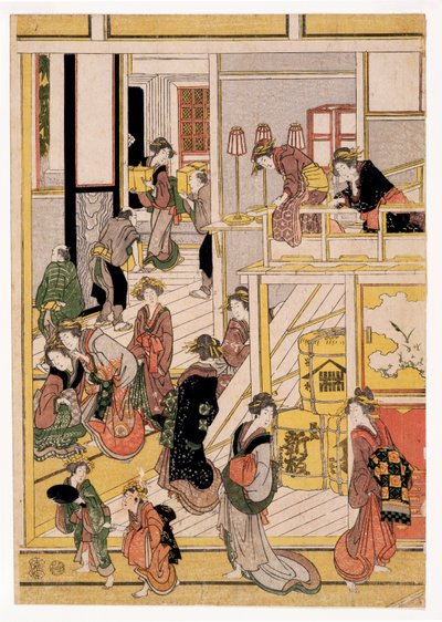 Teahouse Ogi-yan uudenvuodenpäivät, n. 1810 (puupalikoita) (katso myös 406534, 406535 ja 406536) tekijältä Katsushika Hokusai