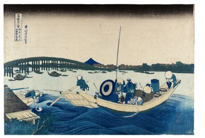 Nro 45 Auringonlasku Ryogokun sillan yllä, Edo-kausi, noin 1830-luku (puupiirros paperille). tekijältä Katsushika Hokusai