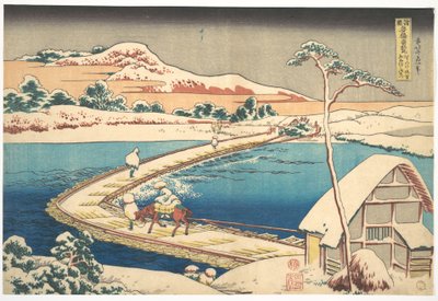 Vanha näkymä Sanon venesillasta Kōzuken maakunnassa (Kōzuke Sano funabashi no kozu), teoksesta ”Merkittäviä näkymiä siltoista eri maakunnissa” (Shokoku meikyō kiran) tekijältä Katsushika Hokusai