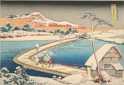 Vanha näkymä Sanon venesillasta Kōzuken maakunnassa (Kōzuke Sano funabashi no kozu), sarjasta ”Merkittäviä näkymiä siltoista eri maakunnissa” (Shokoku meikyō kiran) tekijältä Katsushika Hokusai