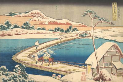 Vanha näkymä venesillalle Sanossa Kozuken maakunnassa Kozuke Sano funabashi no kozu,..., 1827-30. tekijältä Katsushika Hokusai
