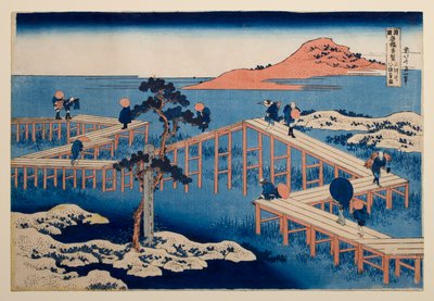 Vanha näkymä Yatsuhashin kahdeksanosaisesta sillasta Mikawan maakunnassa, sarjasta ”Merkittäviä näkymiä siltoihin eri maakunnissa” tekijältä Katsushika Hokusai
