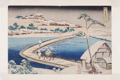 Vanha näkymä Pontoonisillalle Sanossa K?zuken maakunnassa (K?zuke Sano funabashi no kozu) (värillinen puupainatus) tekijältä Katsushika Hokusai