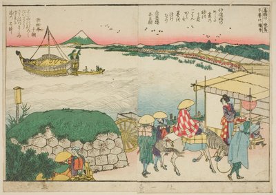 Sivuja kuvitetusta kirjasta "Panoramic näköalat Sumida-joen rannoille (Ehon Sumidagawa ryogan ichiran)" tekijältä Katsushika Hokusai